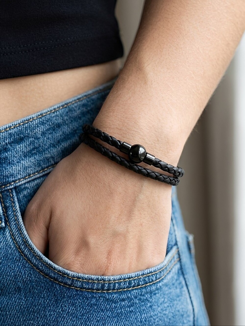 Linx Double Black Leather Braided Cord Bracelet with Black Magnetic Clasp